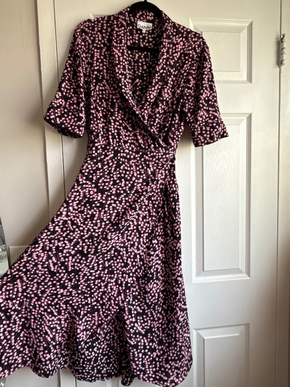 GANNI Black Pink Ditsy Floral Crepe Wrap Dress Size 44 / US 10/12